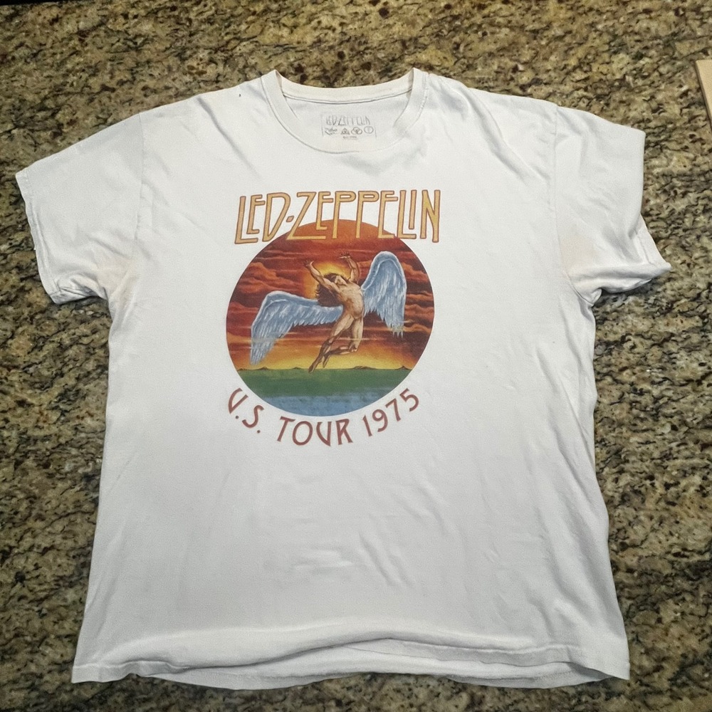 Led Zeppelin US Tour 1975 Graphic T-Shirt Mens XL White Cotton Mythgem Icarus